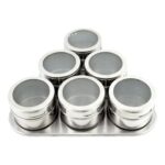 Porta Condimentos E Tempero Magnético em Inox com 6 Potes Com Imã para geladeira kit com 6 potes e suporte inclinado