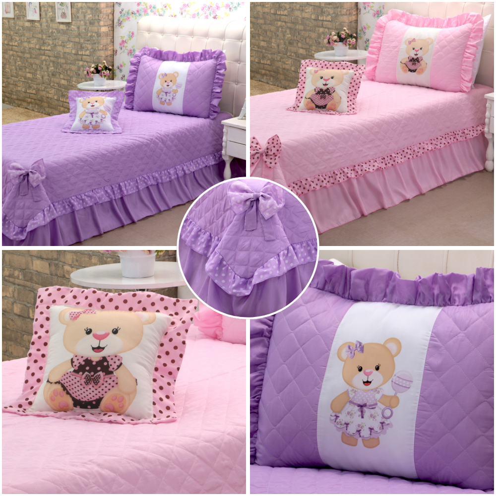 Kit 3 Pçs Cobre Leito Colcha Solteiro Infantil e Juvenil Ursinha com Babados 1 Kit 3 Pçs Cobre Leito Colcha Solteiro Infantil e Juvenil Ursinha com Babados
