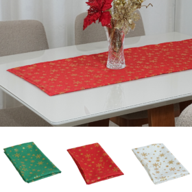 Caminho Trilho Corredor de Mesa Lumine Tecido Oxford  130x40cm Estampa Flocos de Neve Dourado