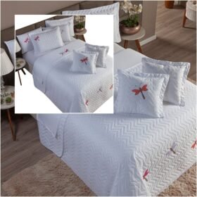 Kit 3 Pçs Cobre Leito Casal Queen Libélula Bordado