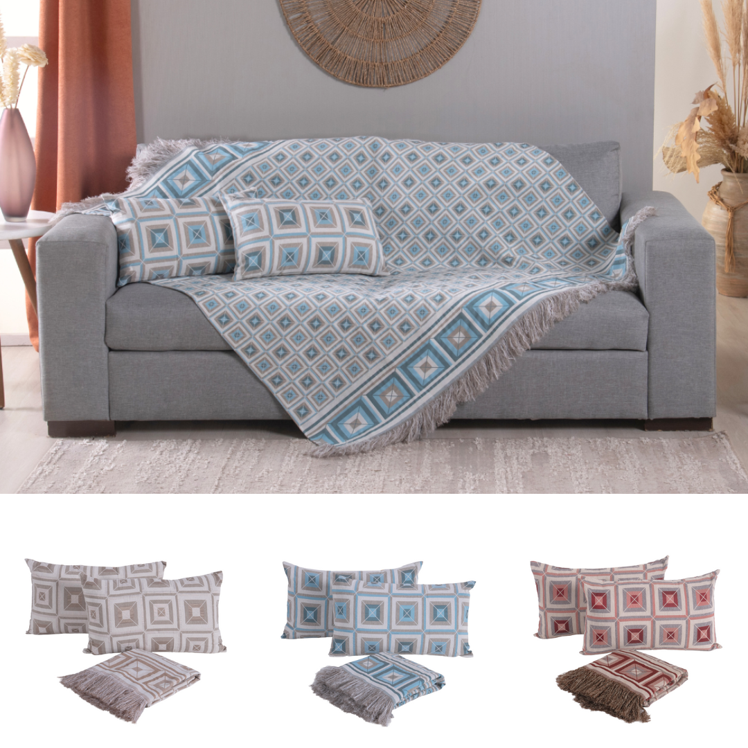 Kit 5 Pçs Xale para Sofá e Almofadas Cheias Marrocos Jacquard 1,35x1,35m com Franja 1 Kit 5 Pçs Xale para Sofá e Almofadas Cheias Marrocos Jacquard 1,35x1,35m com Franja