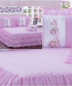 Kit 4 Pçs Cobre Leito Colcha Casal Padrão Sofia com Babados Rosa