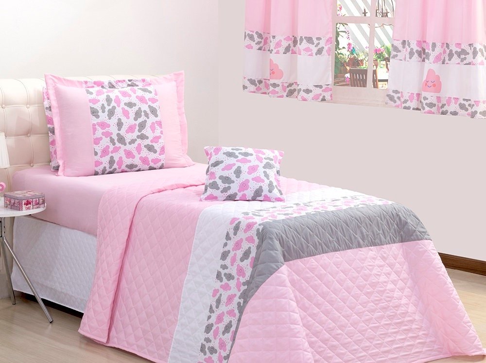 Kit 3 Pçs Cobre Leito Solteiro Infantil e Juvenil Nuvem com Babados 1 Kit 3 Pçs Cobre Leito Solteiro Infantil e Juvenil Nuvem com Babados