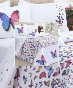 Kit 4 Pçs Edredom Cobertor Casal Queen Borboletas Dupla Face Micropercal