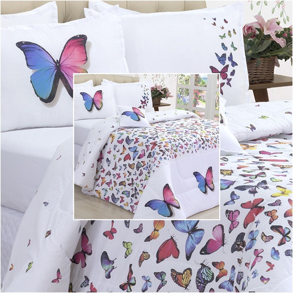 Kit 4 Pçs Edredom Cobertor Casal Queen Borboletas Dupla Face Micropercal 1 Kit 4 Pçs Edredom Cobertor Casal Queen Borboletas Dupla Face Micropercal