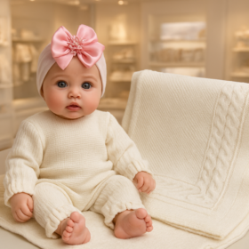 Kit 2 Pçs Saída Maternidade Macacão M/L e Manta Trança Tricot Unissex M