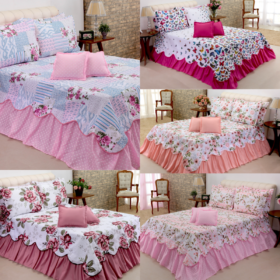 Kit 5 Pçs Cobre Leito Colcha Casal Queen Belize com Babados