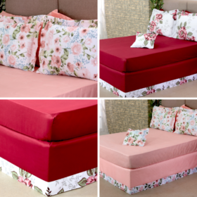 Jogo de Lençol 5 Pçs Simples com Elástico Casal Padrão e Queen com Saia Box e Capa de Almofada