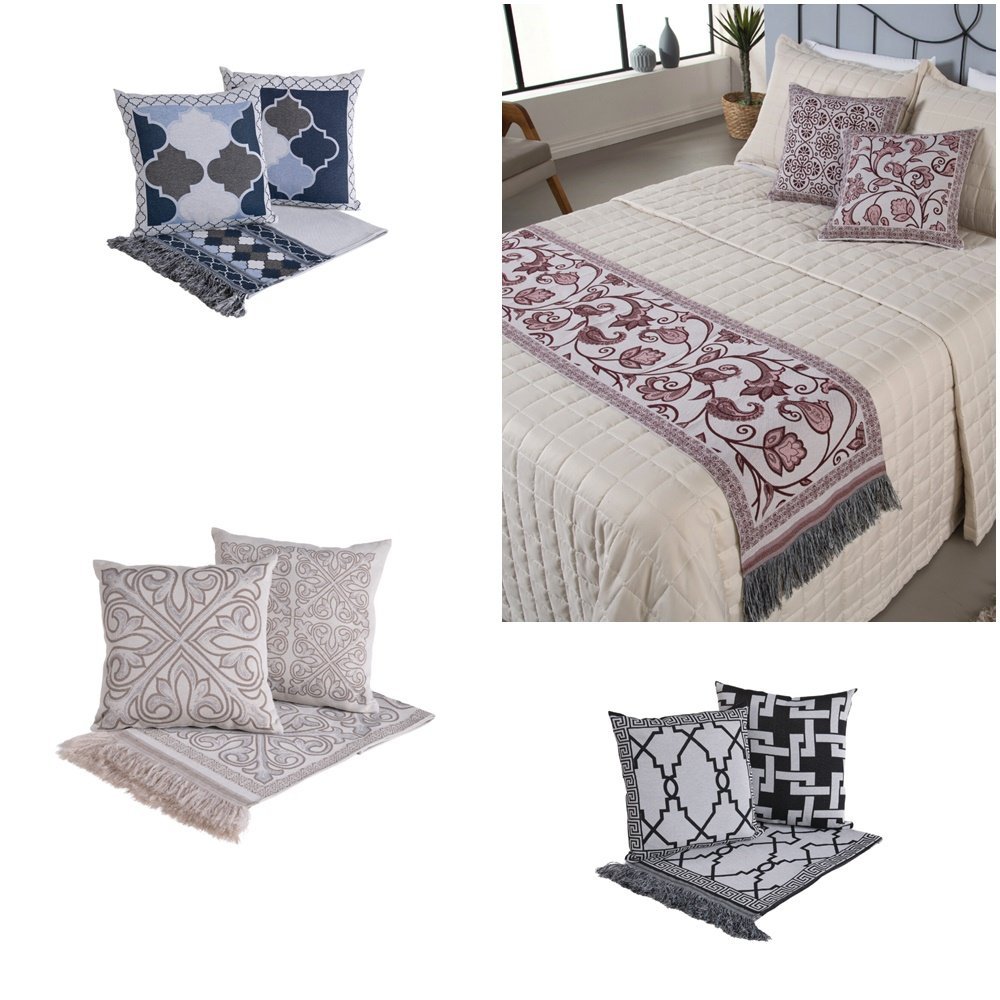 Kit 5 Pçs Peseira Cama Padrão e Queen e Almofadas Cheias Grécia Jacquard 1 Kit 5 Pçs Peseira Cama Padrão e Queen e Almofadas Cheias Grécia Jacquard